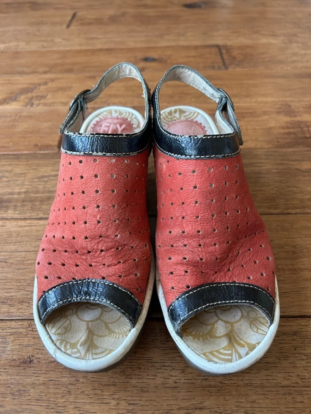 Fly London Yile Perforated Wedge Heel Sandals Red Black Size 36